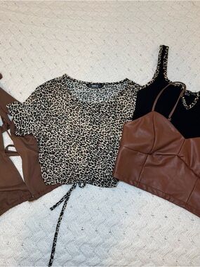 SHEIN Beige and Black Leopard Print Cropped Drawstring Top Set